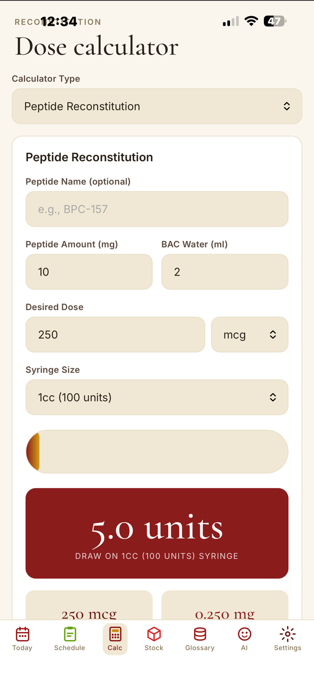 Reconstitution calculator converting vial size and BAC water into syringe units