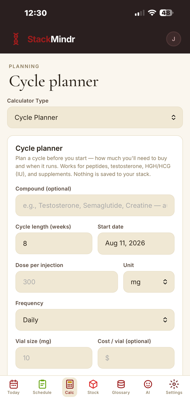 Cycle planner — enter compound, cycle length, dose, frequency and vial size