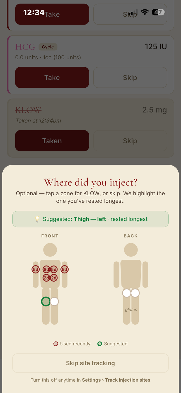 Injection site rotation body diagram with recently used and suggested zones