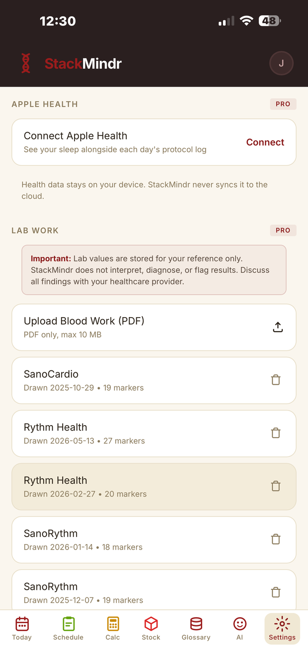 Lab work — upload a bloodwork PDF and keep every panel in one place