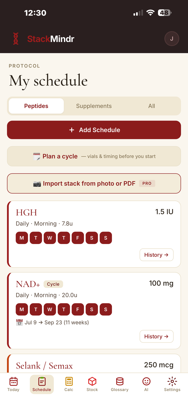 My schedule — every compound with dose, frequency and the days it runs