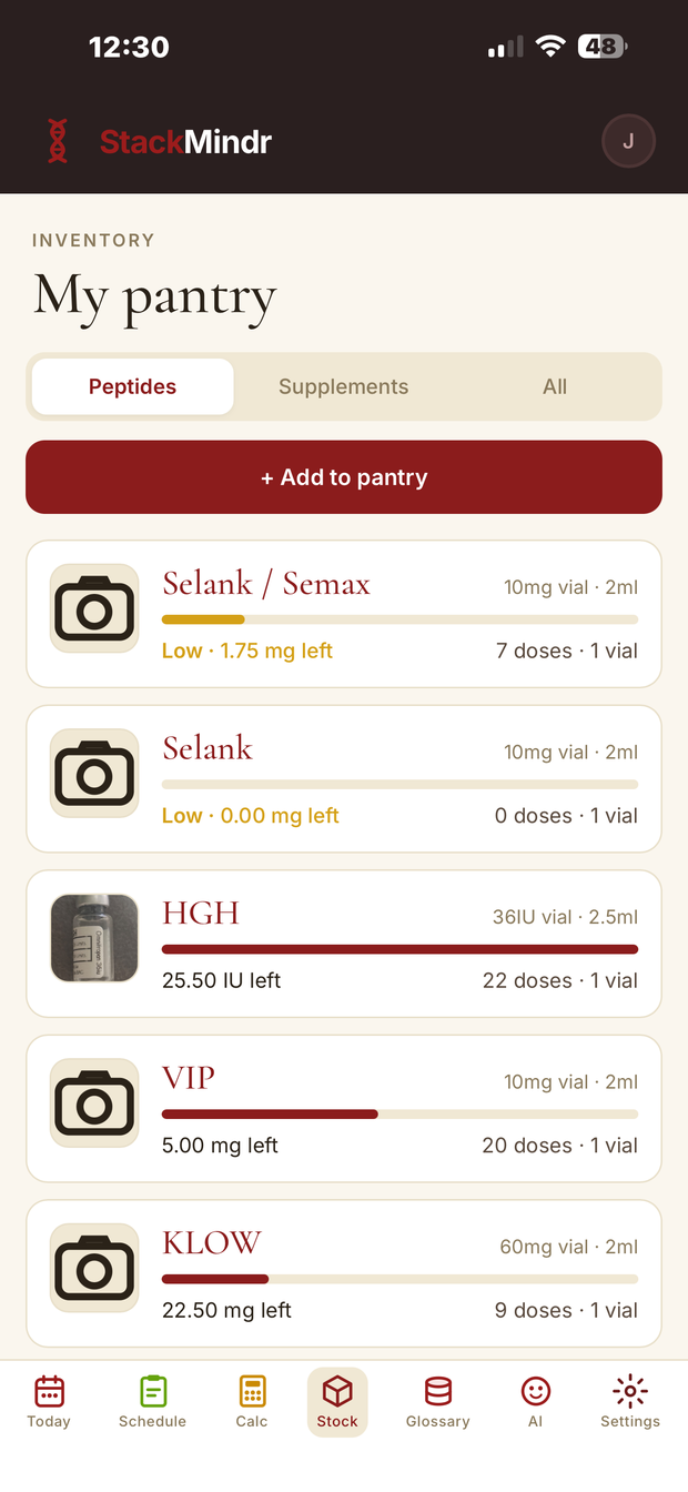 My pantry — inventory showing mg left, doses remaining and vials on hand