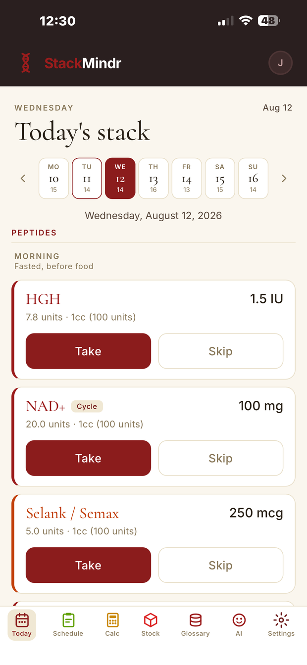 Today's stack — the day's scheduled compounds grouped by time of day, with dose amounts and syringe units